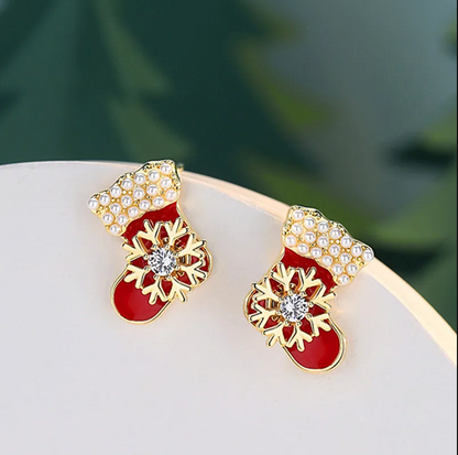 Pearl Trim Red Mitten Stud Earrings - Earrings - 18k Gold Plated Waterproof Jewellery - Collection 9