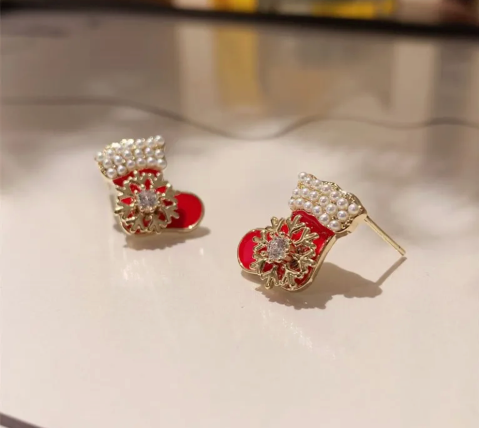 Pearl Trim Red Mitten Stud Earrings - Earrings - 18k Gold Plated Waterproof Jewellery - Collection 9