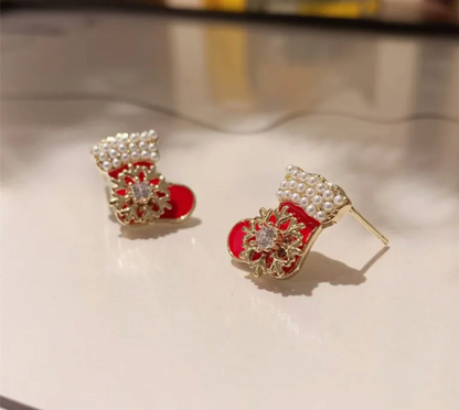 Pearl Trim Red Mitten Stud Earrings - Earrings - 18k Gold Plated Waterproof Jewellery - Collection 9