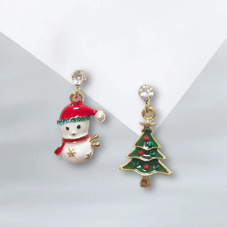Snowman & Christmas Tree Asymmetric Drop Earrings - Earrings - 18k Gold Plated Waterproof Jewellery - Collection 9