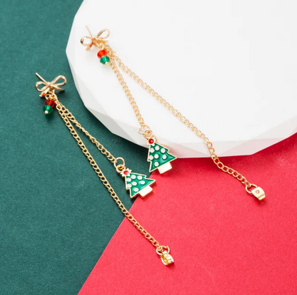 Bow & Christmas Tree Chain Tassel Earrings - Earrings - 18k Gold Plated Waterproof Jewellery - Collection 9