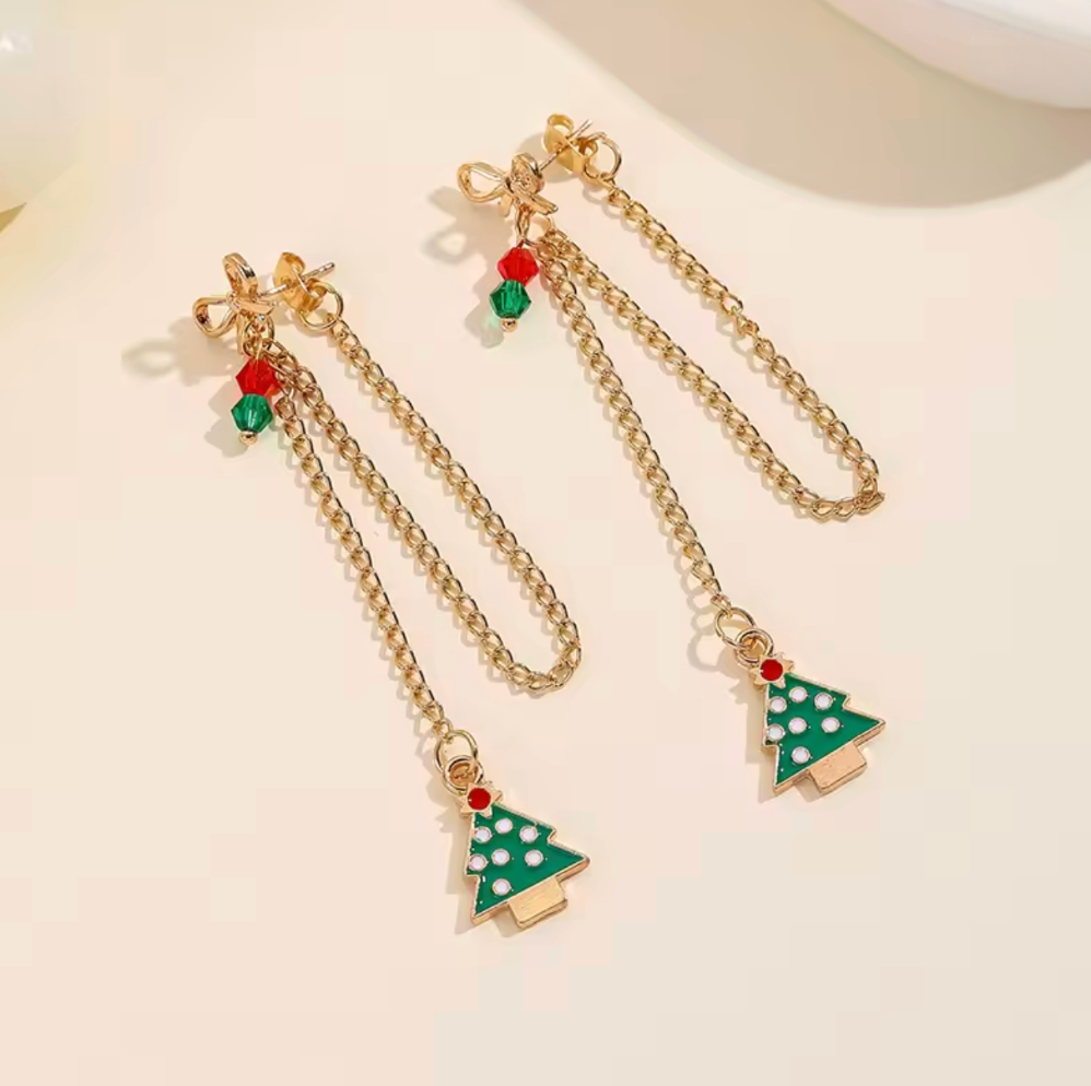 Bow & Christmas Tree Chain Tassel Earrings - Earrings - 18k Gold Plated Waterproof Jewellery - Collection 9