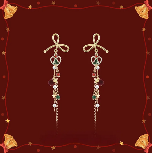 Bow Heart & Crystal Chain Tassel Earrings - Earrings - 18k Gold Plated Waterproof Jewellery - Collection 9