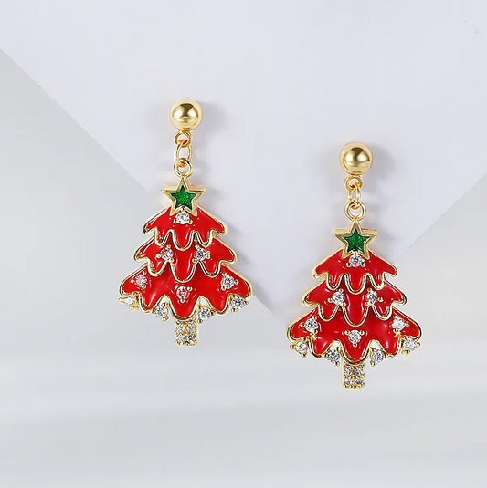 Red Enamel Christmas Tree Drop Earrings - Earrings - 18k Gold Plated Waterproof Jewellery - Collection 9