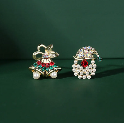 Pearl Santa & Bell Asymmetric Stud Earrings - Earrings - 18k Gold Plated Waterproof Jewellery - Collection 9