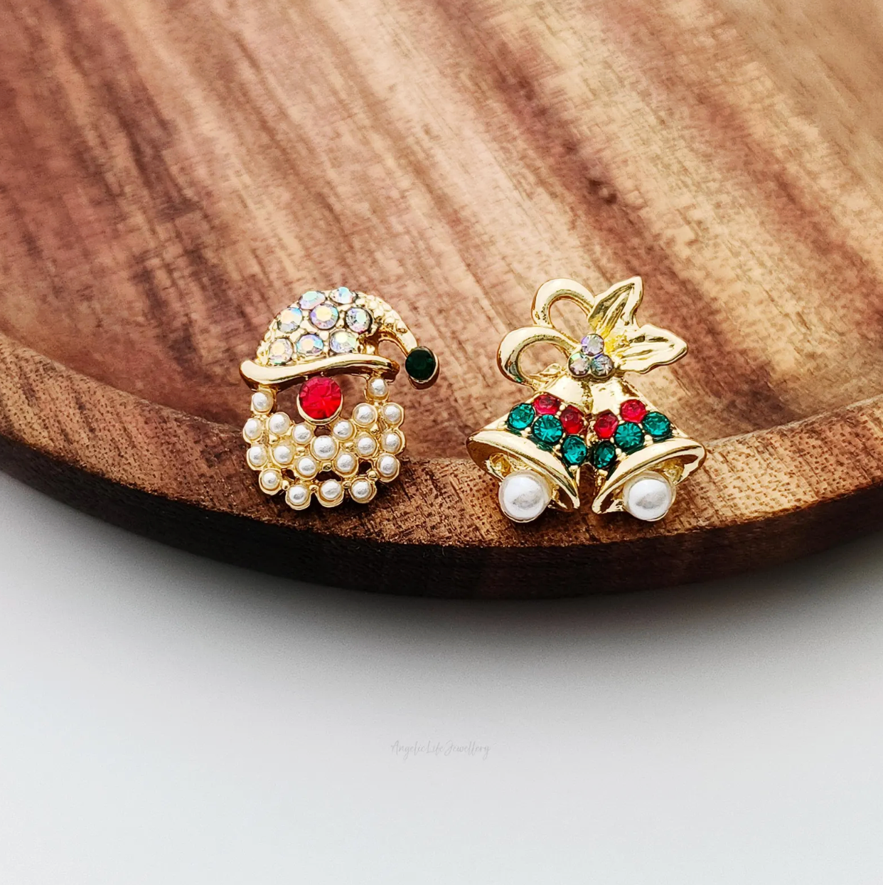 Pearl Santa & Bell Asymmetric Stud Earrings - Earrings - 18k Gold Plated Waterproof Jewellery - Collection 9