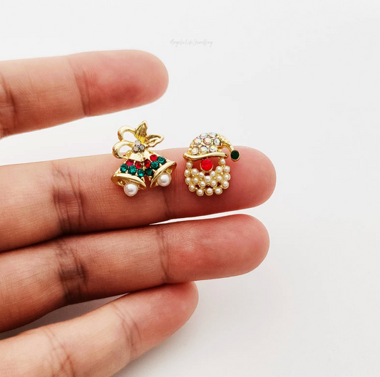 Pearl Santa & Bell Asymmetric Stud Earrings - Earrings - 18k Gold Plated Waterproof Jewellery - Collection 9