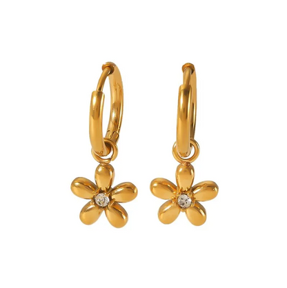 Gold Flower Charm Hoop Earrings - - 18k Gold Plated Waterproof Jewellery - Collection 9
