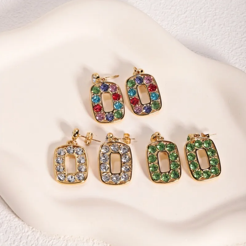 Gold Crystal Rectangle Drop Earrings - - 18k Gold Plated Waterproof Jewellery - Collection 9