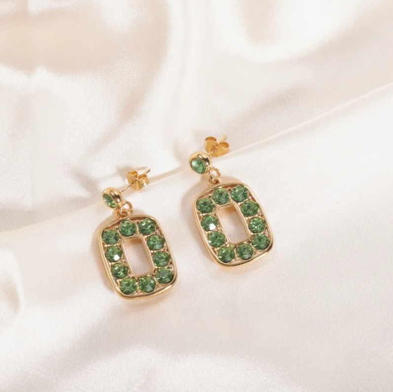 Gold Crystal Rectangle Drop Earrings - - 18k Gold Plated Waterproof Jewellery - Collection 9