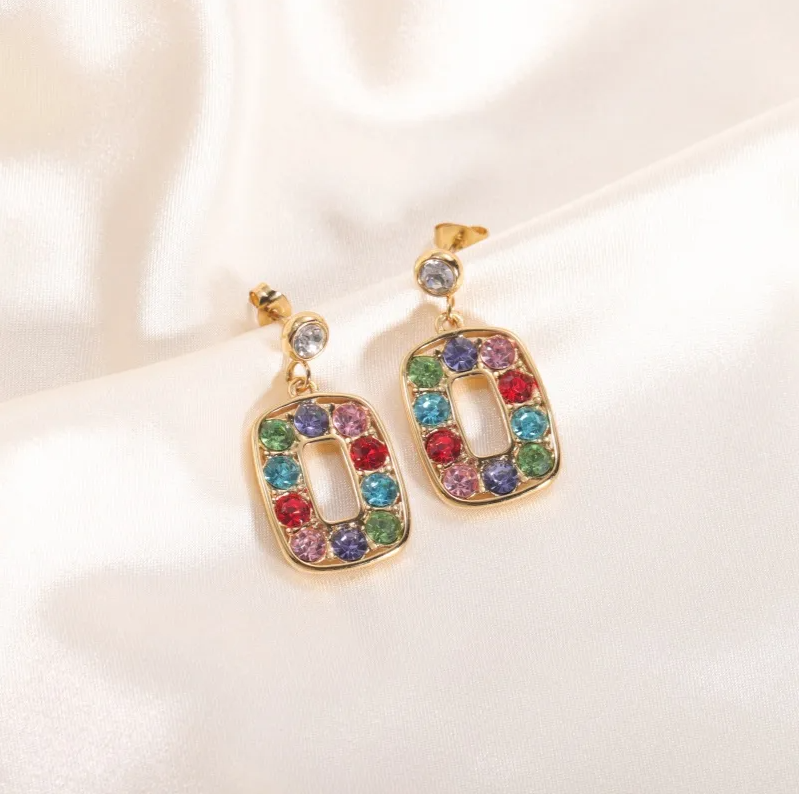 Gold Crystal Rectangle Drop Earrings - - 18k Gold Plated Waterproof Jewellery - Collection 9