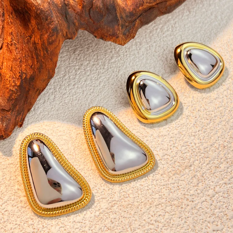 Gold Silver Mixed Metal Geometric Stud Earrings - - 18k Gold Plated Waterproof Jewellery - Collection 9