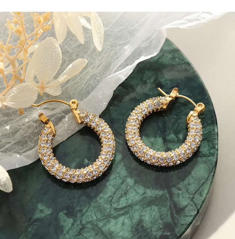 Gold Crystal Encrusted Hoop Earrings - - 18k Gold Plated Waterproof Jewellery - Collection 9