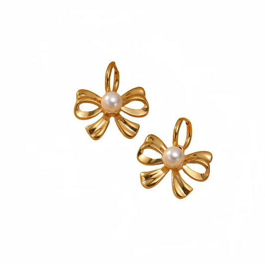 Gold Bow Pearl Hoop Earrings - - 18k Gold Plated Waterproof Jewellery - Collection 9