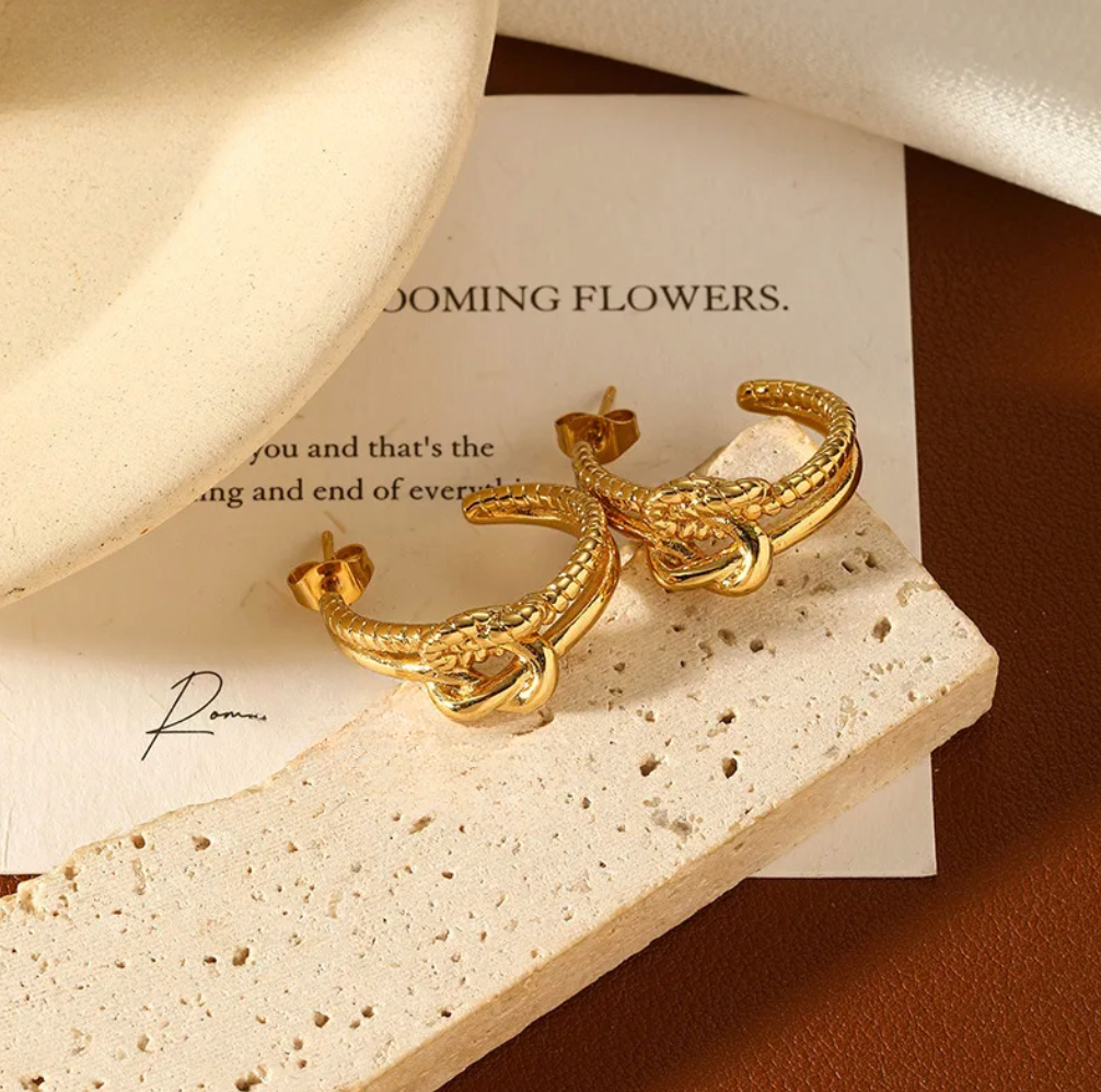 Gold Textured Twisted C-Hoop Earrings - - 18k Gold Plated Waterproof Jewellery - Collection 9
