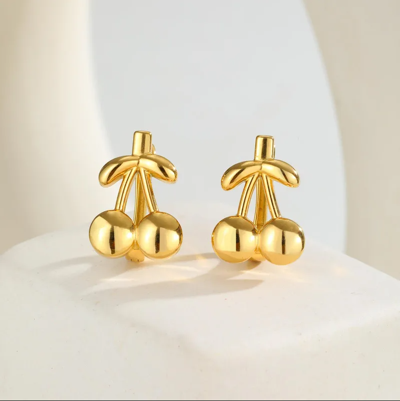Gold Cherry Stud Earrings - - 18k Gold Plated Waterproof Jewellery - Collection 9