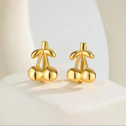 Gold Cherry Stud Earrings - - 18k Gold Plated Waterproof Jewellery - Collection 9
