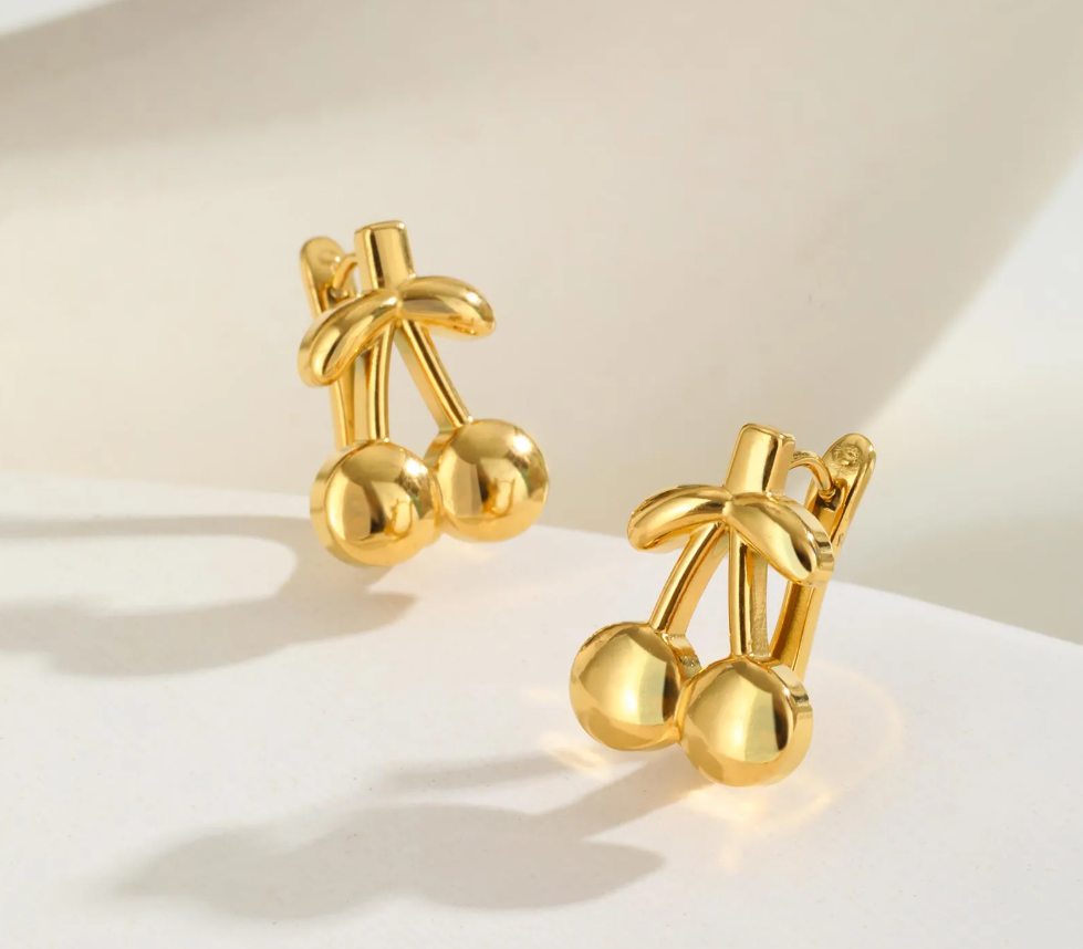 Gold Cherry Stud Earrings - - 18k Gold Plated Waterproof Jewellery - Collection 9