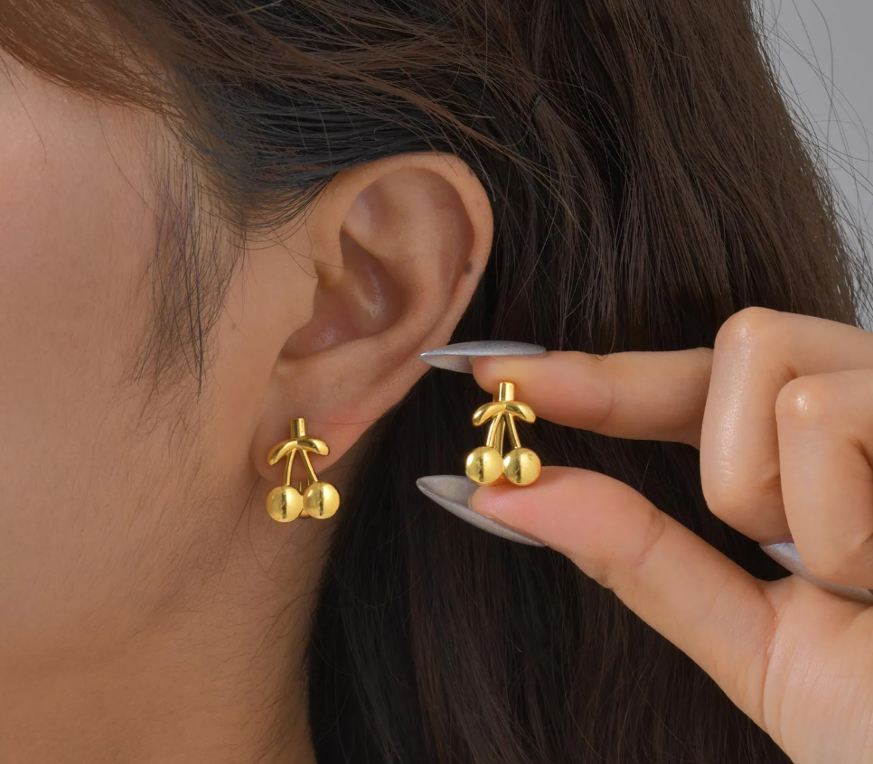 Gold Cherry Stud Earrings - - 18k Gold Plated Waterproof Jewellery - Collection 9