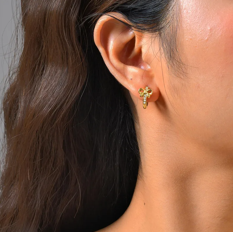 Gold Bow Crystal Hoop Earrings - - 18k Gold Plated Waterproof Jewellery - Collection 9