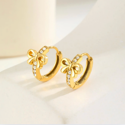 Gold Bow Crystal Hoop Earrings - - 18k Gold Plated Waterproof Jewellery - Collection 9