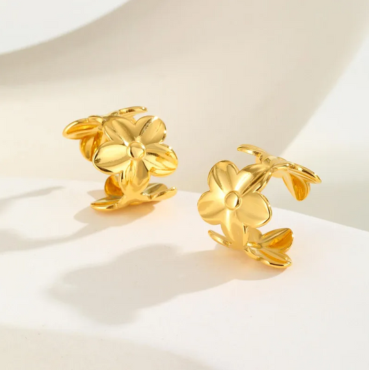 Gold Plumeria Flower Ear Cuffs - - 18k Gold Plated Waterproof Jewellery - Collection 9