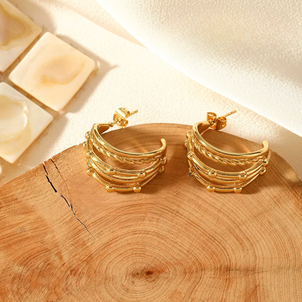 Gold Layered Chain C-Hoop Earrings - - 18k Gold Plated Waterproof Jewellery - Collection 9