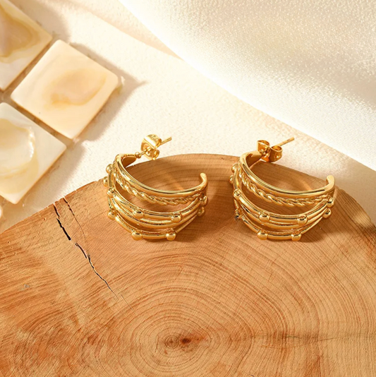 Gold Layered Chain C-Hoop Earrings - - 18k Gold Plated Waterproof Jewellery - Collection 9