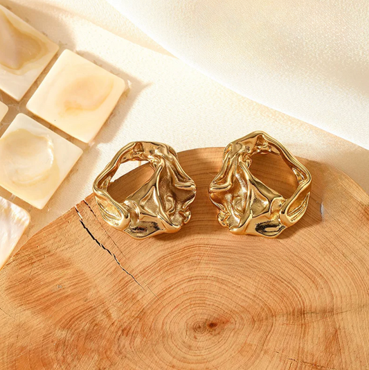 Gold Crumpled Textured C-Hoop Earrings - - 18k Gold Plated Waterproof Jewellery - Collection 9