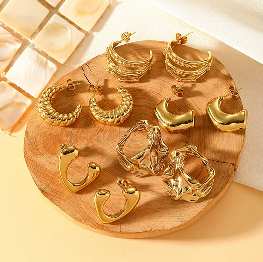 Gold Crumpled Textured C-Hoop Earrings - - 18k Gold Plated Waterproof Jewellery - Collection 9