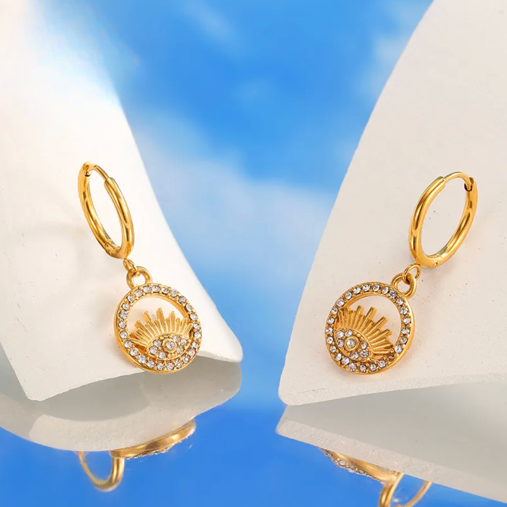 Gold Evil Eye Crystal Hoop Earrings - - 18k Gold Plated Waterproof Jewellery - Collection 9