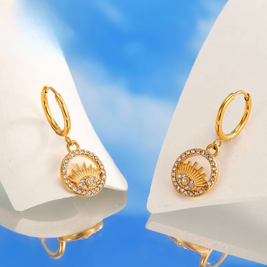 Gold Evil Eye Crystal Hoop Earrings - - 18k Gold Plated Waterproof Jewellery - Collection 9