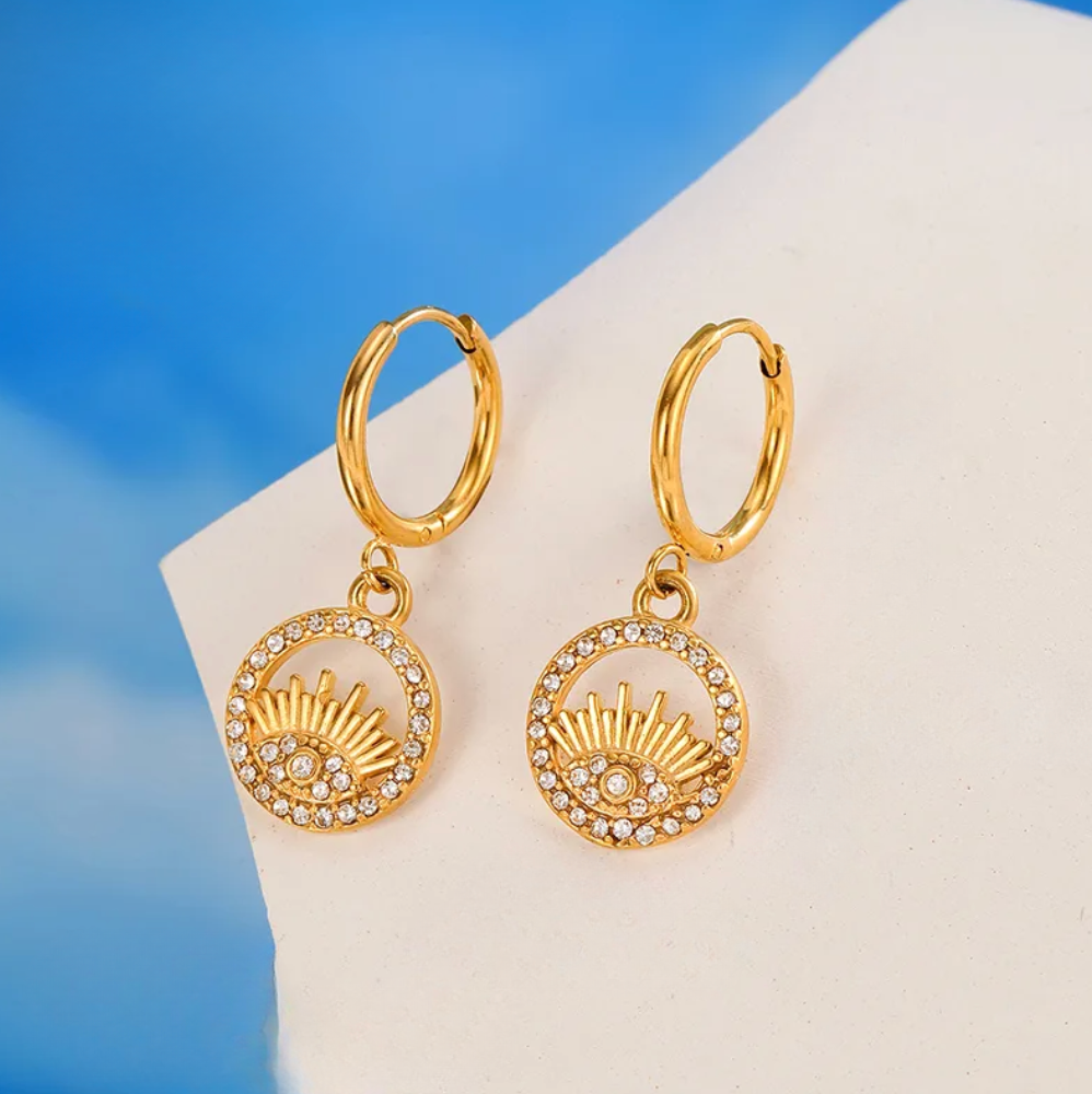 Gold Evil Eye Crystal Hoop Earrings - - 18k Gold Plated Waterproof Jewellery - Collection 9