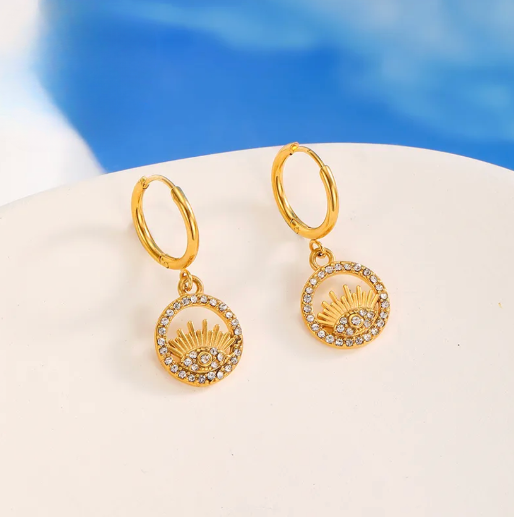Gold Evil Eye Crystal Hoop Earrings - - 18k Gold Plated Waterproof Jewellery - Collection 9