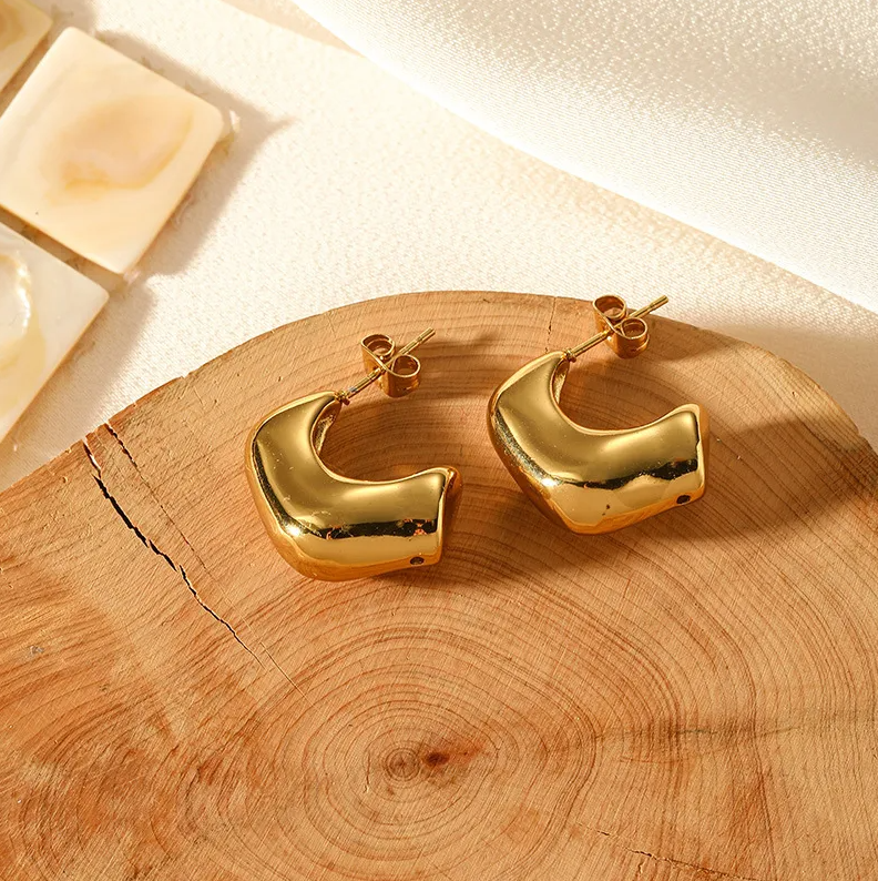 Gold Chunky Wave C-Hoop Earrings - - 18k Gold Plated Waterproof Jewellery - Collection 9