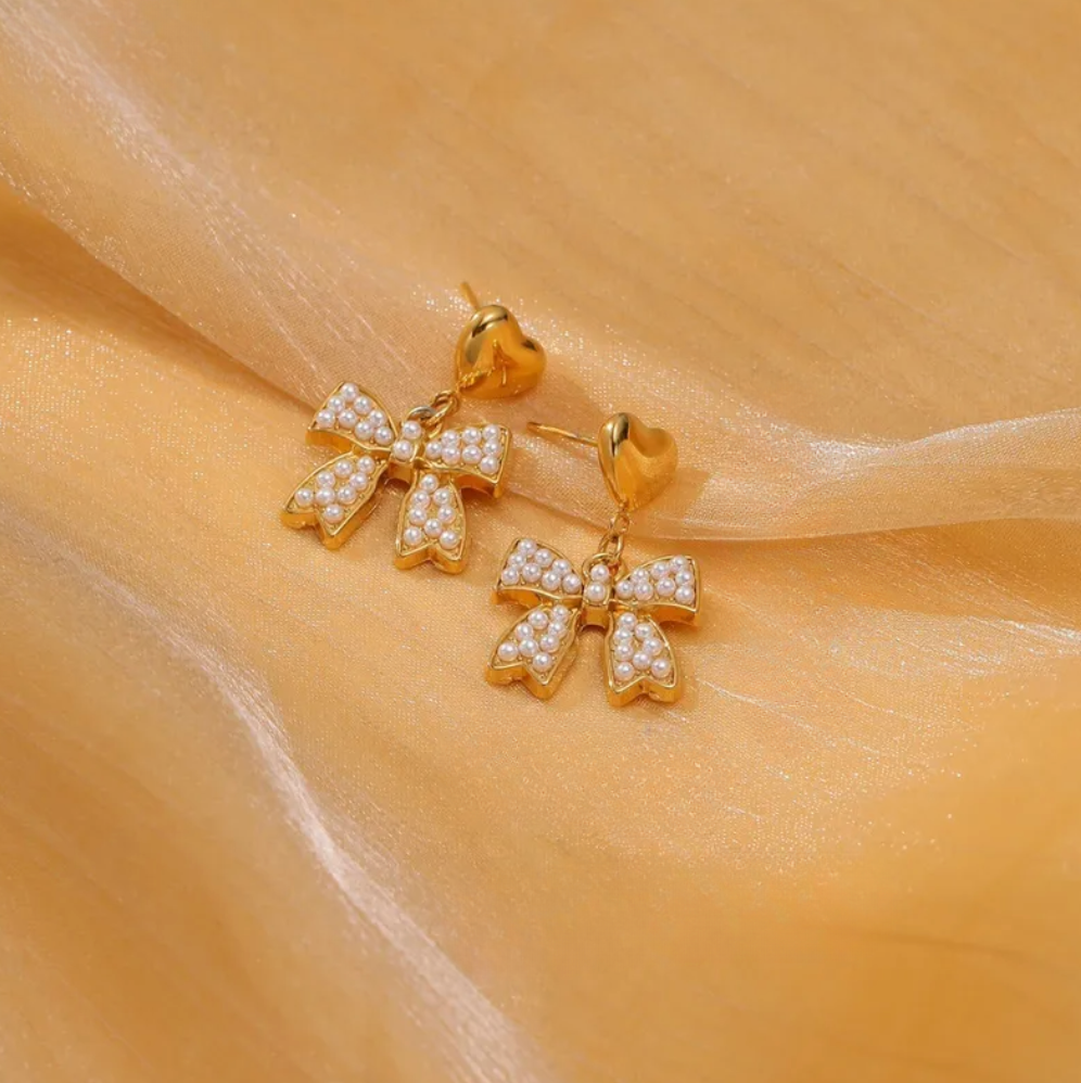 Gold Heart Pearl Bow Drop Earrings - - 18k Gold Plated Waterproof Jewellery - Collection 9