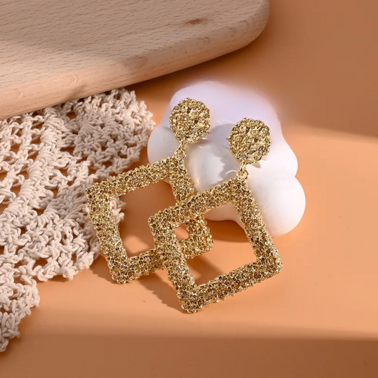 Gold Textured Square Drop Earrings - - 18k Gold Plated Waterproof Jewellery - Collection 9