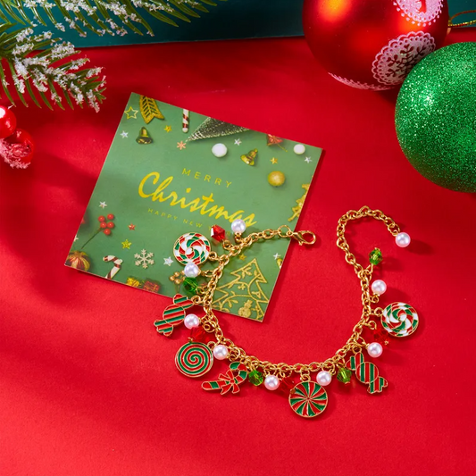 Candy Cane & Pearl Charm Bracelet - Bracelets - 18k Gold Plated Waterproof Jewellery - Collection 9