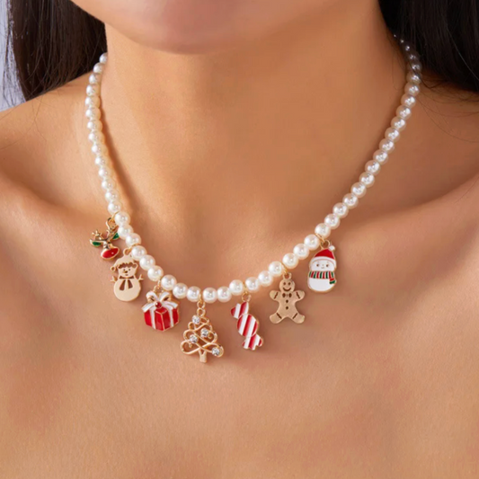 Pearl Gingerbread & Snowman Christmas Necklace - Necklaces - 18k Gold Plated Waterproof Jewellery - Collection 9