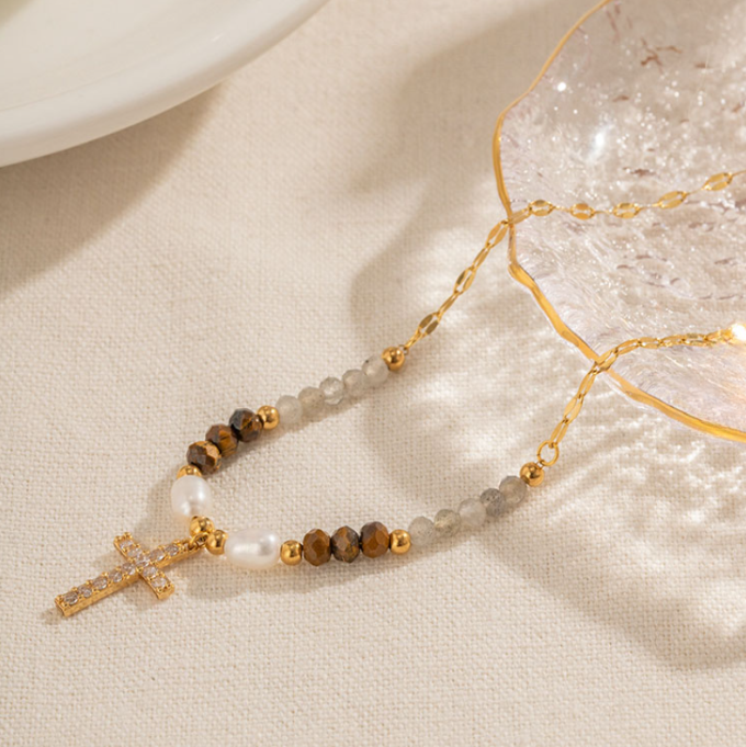 Crystal Cross Beaded Necklace - Jewelry - 18k Gold Plated Waterproof Jewellery - Collection 9