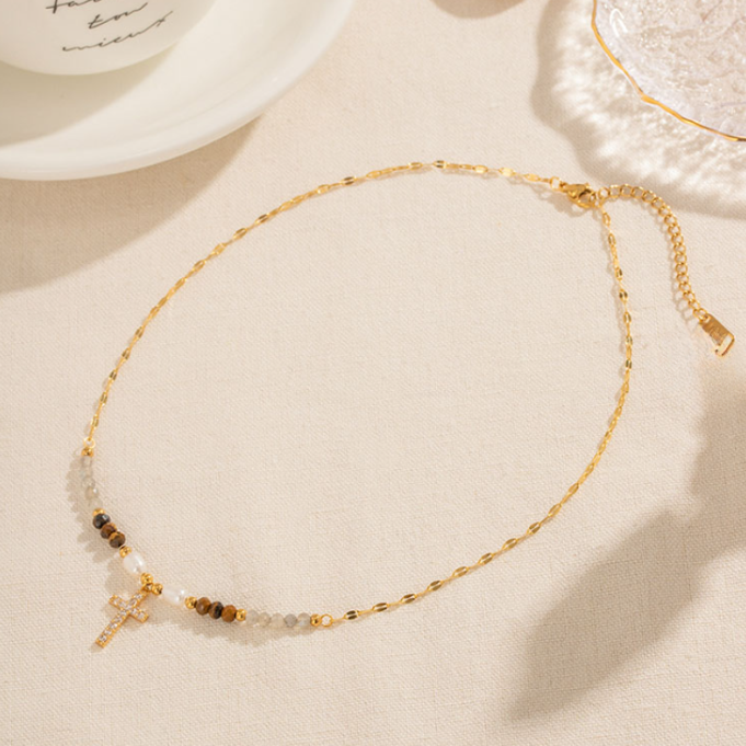 Crystal Cross Beaded Necklace - Jewelry - 18k Gold Plated Waterproof Jewellery - Collection 9