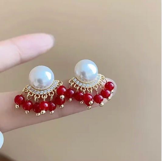 Gold Pearl Red Bead Earrings - Earrings - 18k Gold Plated Waterproof Jewellery - Collection 9