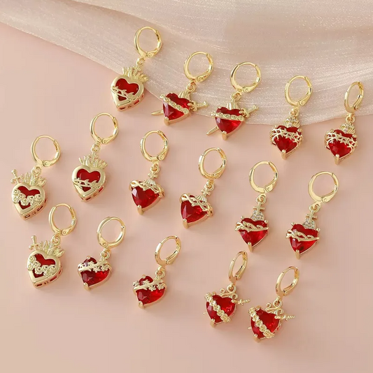 Gold Red Crystal Heart Drop Earrings - Earrings - 18k Gold Plated Waterproof Jewellery - Collection 9