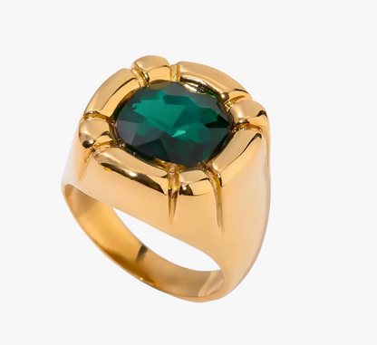 Gold Green Crystal Statement Ring - Ring - 18k Gold Plated Waterproof Jewellery - Collection 9
