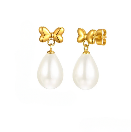 Gold Bow Pearl Drop Earrings - Earrings - 18k Gold Plated Waterproof Jewellery - Collection 9