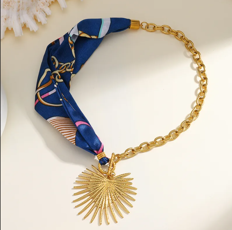 Navy Sunburst Silk Scarf Necklace - Jewelry - 18k Gold Plated Waterproof Jewellery - Collection 9