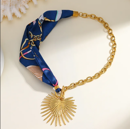 Navy Sunburst Silk Scarf Necklace - Jewelry - 18k Gold Plated Waterproof Jewellery - Collection 9