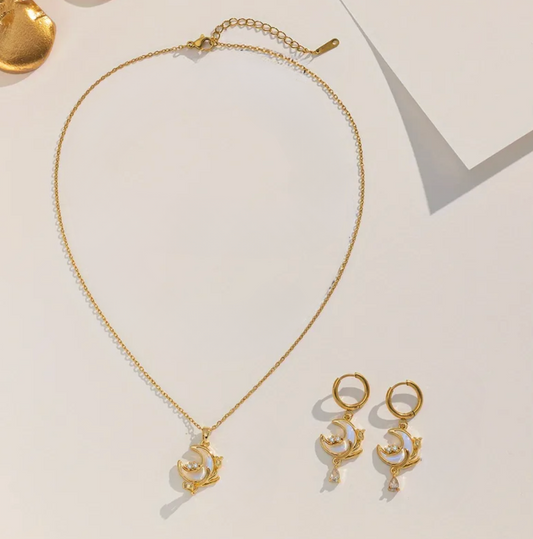 Gold White Moon Teardrop Jewellery Set - Jewellery Set - 18k Gold Plated Waterproof Jewellery - Collection 9