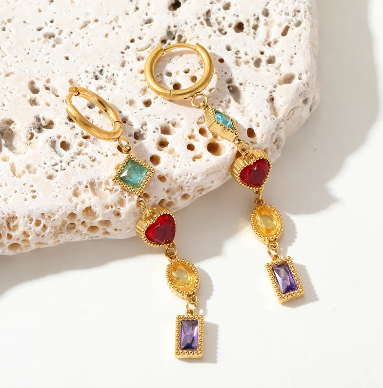 Multi-Stone Drop Hoops - Jewelry - 18k Gold Plated Waterproof Jewellery - Collection 9
