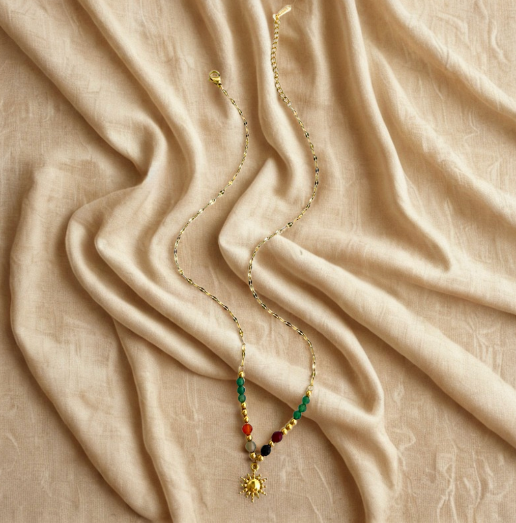 Gold Colorful Bead Sun Pendant Necklace - Jewelry - 18k Gold Plated Waterproof Jewellery - Collection 9